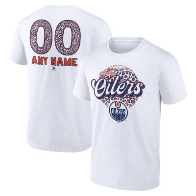 Edmonton Oilers White Personalized Name & Number Leopard Unisex T-Shirt Cotton Tee