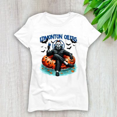 Edmonton Oilers x Halloween Masquerade NHL x Michael Myers Masked Killer Lady T-Shirt Women Tee LTL15260