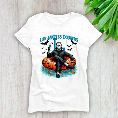 Los Angeles Dodgers x Halloween Masquerade MLB x Michael Myers Masked Killer Lady T-Shirt Women Tee LTL15329
