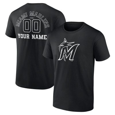 Miami Marlins Black Monochrome Personalized Name & Number Unisex T-Shirt Cotton Tee