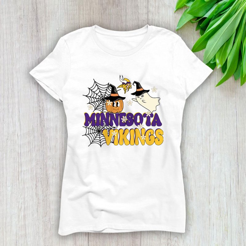 Minnesota Vikings x Happy Halloween NFL x Cute Ghost With Pumpkin Face Lady T-Shirt Women Tee LTL16535