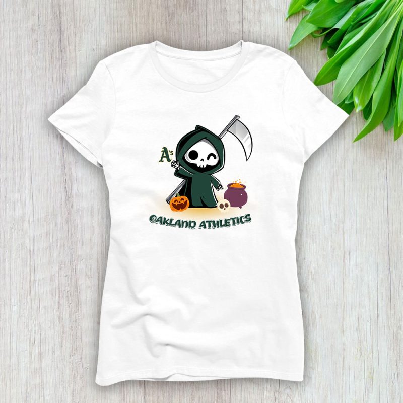 Oakland Athletics x Grim Reaper Cute Spooky x MLB Halloween Lady T-Shirt Women Tee LTL14944