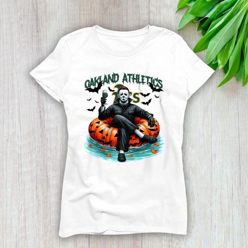 Oakland Athletics x Halloween Masquerade MLB x Michael Myers Masked Killer Lady T-Shirt Women Tee LTL15431