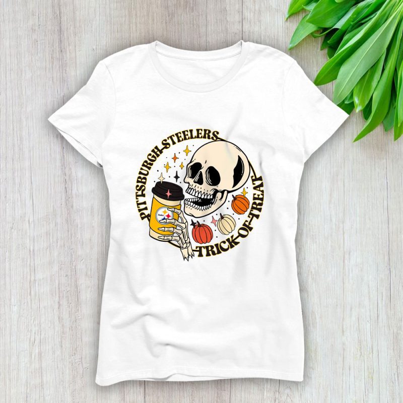 Pittsburgh Steelers x Halloween Holiday NFL x Trick Or Treat x Happy Skull Lady T-Shirt Women Tee LTL15450