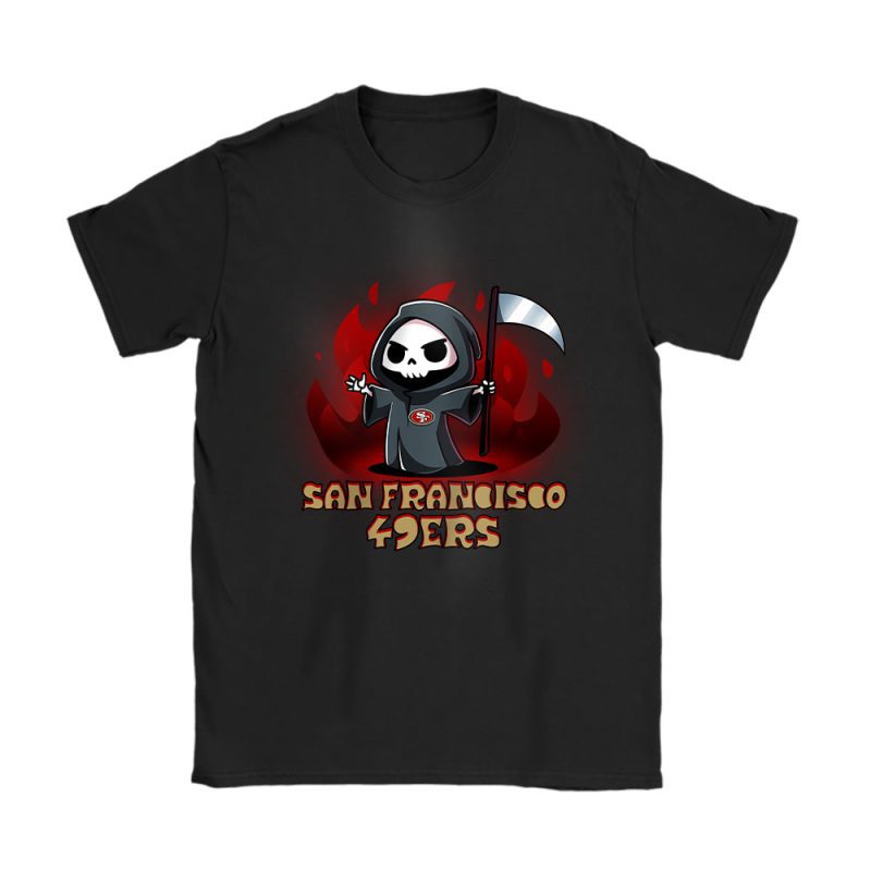 San Francisco 49ers x Halloween Holiday NFL x Cute Grim Reaper Unisex T-Shirt Cotton Tee TAT16686