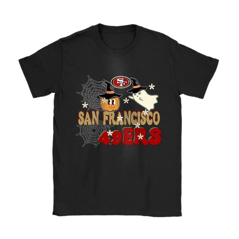 San Francisco 49ers x Happy Halloween NFL x Cute Ghost With Pumpkin Face Unisex T-Shirt Cotton Tee TAT16678