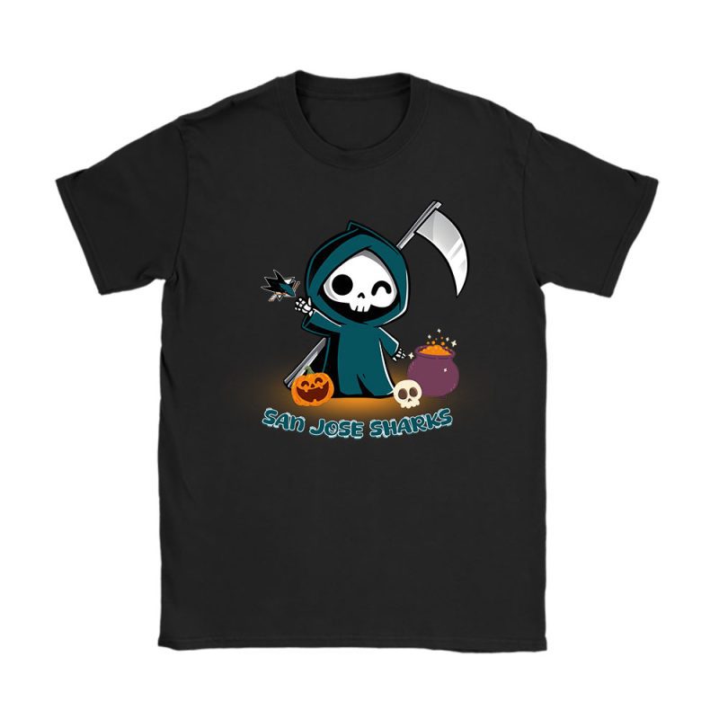 San Jose Sharks x Grim Reaper Cute Spooky x NHL Halloween Unisex T-Shirt Cotton Tee TAT15013