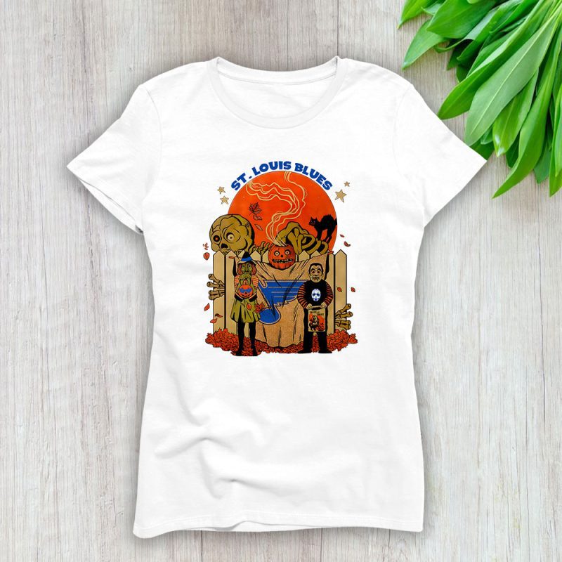 St. Louis Blues x Halloween Horror Nights x Pumpkin Face Lady T-Shirt Women Tee LTL15767