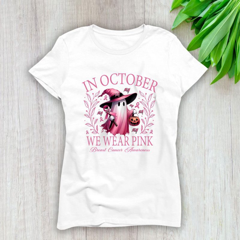 Tampa Bay Buccaneers Support Cancer Warrior x Cancer Awareness x Halloween Pink Ghost Lady T-Shirt Women Tee LTL16156