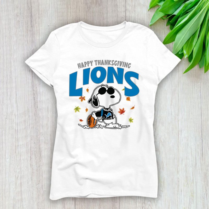 Detroit Lions Happy Thanksgiving NFL Thanksgiving Snoopy Gift Lady T-Shirt Women Tee LTL17957