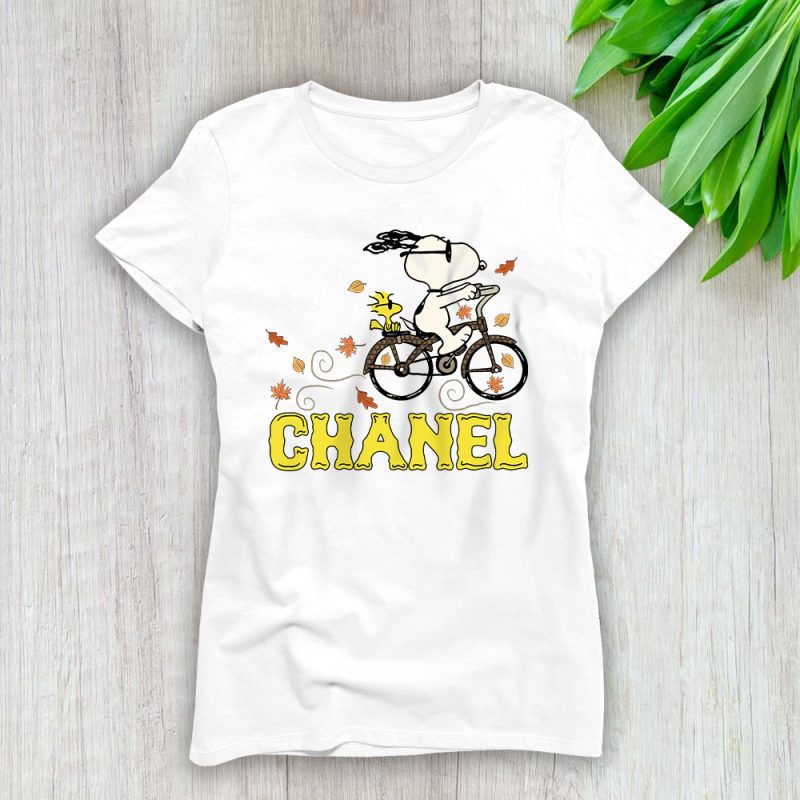 Peanuts Snoopy Woodstock Riding Bike Happy Thanksgiving Chanel Lady T-Shirt Women Tee LTL19503