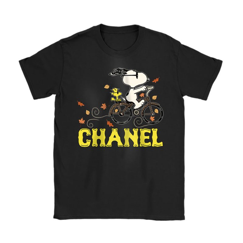 Peanuts Snoopy Woodstock Riding Bike Happy Thanksgiving Chanel Unisex T-Shirt Cotton Tee TAT19503