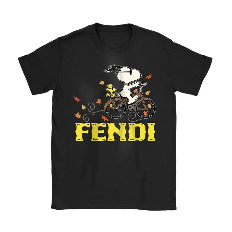 Peanuts Snoopy Woodstock Riding Bike Happy Thanksgiving Fendi Unisex T-Shirt Cotton Tee TAT19506