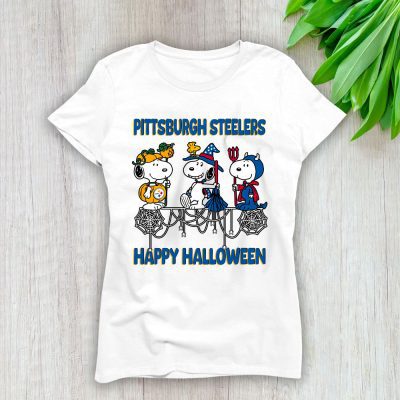 Pittsburgh Steelers Happy Halloween NFL Cute Snoopy With Pumpkin Lady T-Shirt Women Tee LTL18173