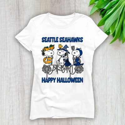 Seattle Seahawks Happy Halloween NFL Cute Snoopy With Pumpkin Lady T-Shirt Women Tee LTL18174