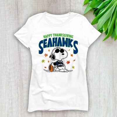 Seattle Seahawks Happy Thanksgiving NFL Thanksgiving Snoopy Gift Lady T-Shirt Women Tee LTL18110