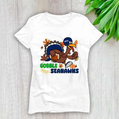 Seattle Seahawks Happy Thanksgiving NFL Thanksgiving Turkey Gooble Gift Lady T-Shirt Women Tee LTL18109