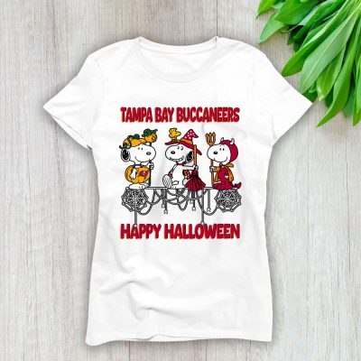 Tampa Bay Buccaneers Happy Halloween NFL Cute Snoopy With Pumpkin Lady T-Shirt Women Tee LTL18176