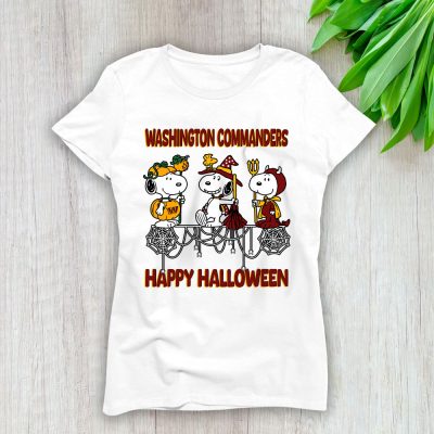 Washington Commanders Happy Halloween NFL Cute Snoopy With Pumpkin Lady T-Shirt Women Tee LTL18178