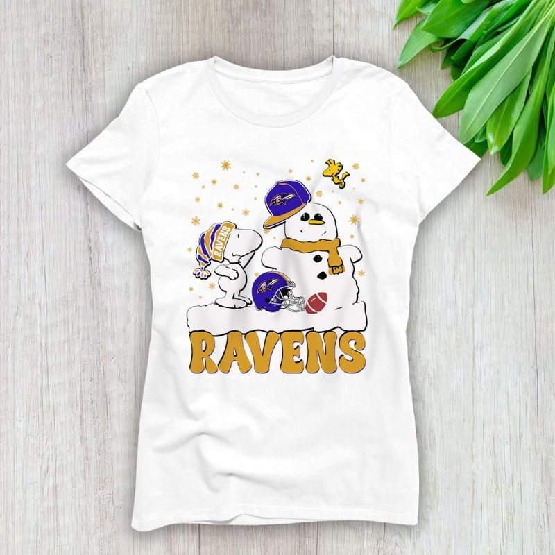 Baltimore Ravens Merry Christmas NFL Gift For Fan Christmas Snoopy And Snow Man Lady T-Shirt Women Tee LTL20262