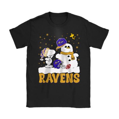 Baltimore Ravens Merry Christmas NFL Gift For Fan Christmas Snoopy And Snow Man Unisex T-Shirt Cotton Tee TAT20262