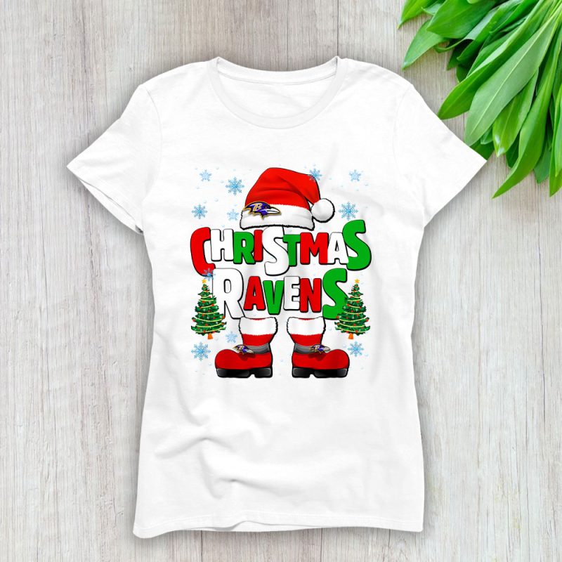 Baltimore Ravens Merry Christmas NFL Gift For Fan Cute Santa Hohoho Lady T-Shirt Women Tee LTL20241