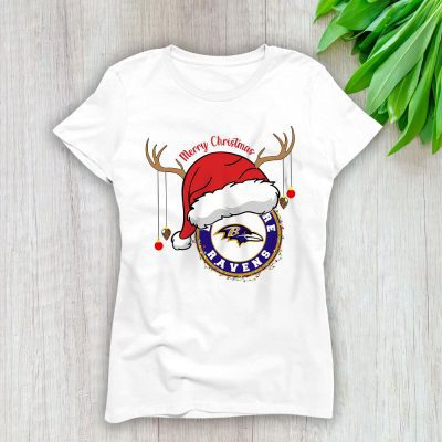 Baltimore Ravens Merry Christmas NFL Gift For Fan Cute Santa Hohoho Lady T-Shirt Women Tee LTL20248