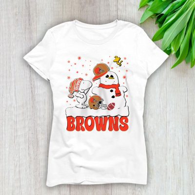 Cleveland Browns Merry Christmas NFL Gift For Fan Christmas Snoopy And Snow Man Lady T-Shirt Women Tee LTL20437