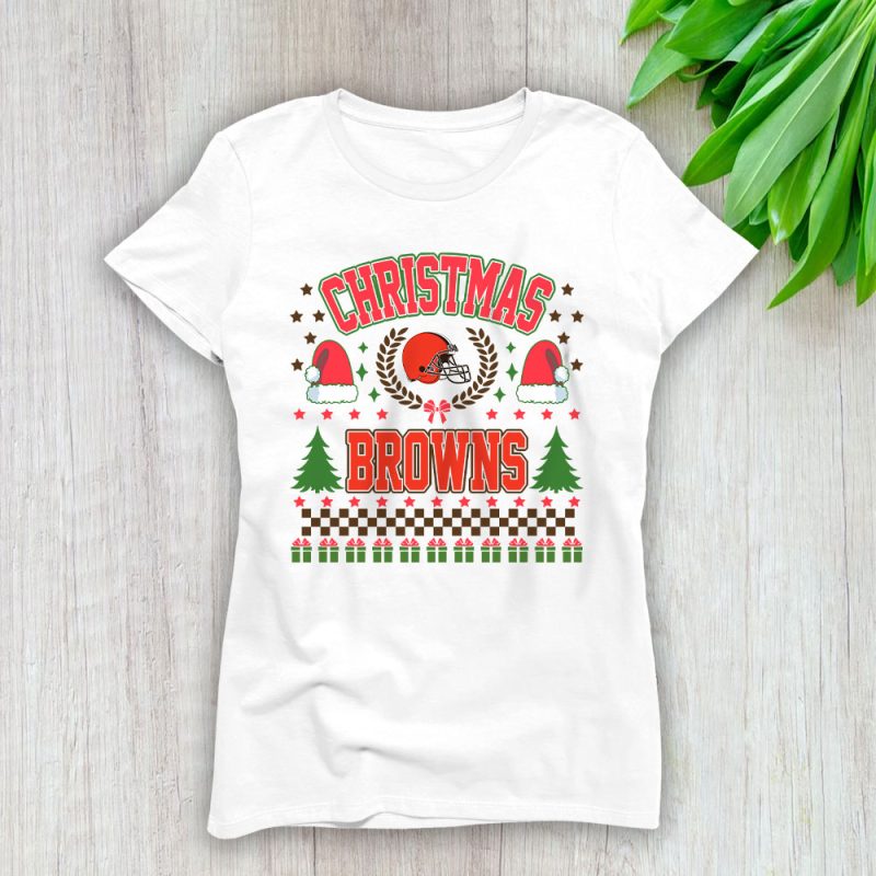 Cleveland Browns Merry Christmas NFL Gift For Fan Cute Santa Hohoho Lady T-Shirt Women Tee LTL20446