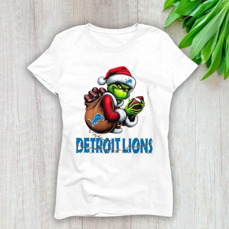 Detroit Lions Merry Christmas NFL Gift For Fan Cute Grinch Lady T-Shirt Women Tee LTL20524