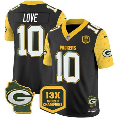 Green Bay Packers #10 Jordan Love Black 2024 F.U.S.E. 13 Time World Champions And Home Patch Vapor Untouchable Limited Football Stitched Jersey