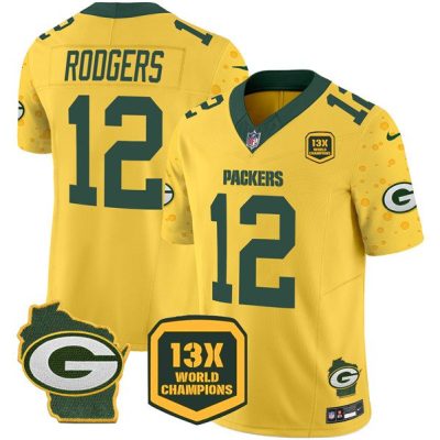 Green Bay Packers #12 Aaron Rodgers Gold 2024 F.U.S.E. 13 Time World Champions And Home Patch Vapor Untouchable Limited Football Stitched Jersey