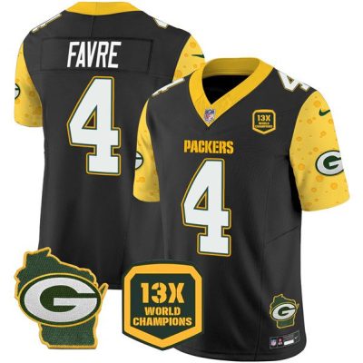 Green Bay Packers #4 Brett Favre Black 2024 F.U.S.E. 13 Time World Champions And Home Patch Vapor Untouchable Limited Football Stitched Jersey