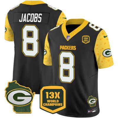 Green Bay Packers #8 Josh Jacobs Black 2024 F.U.S.E. 13 Time World Champions And Home Patch Vapor Untouchable Limited Football Stitched Jersey