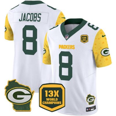 Green Bay Packers #8 Josh Jacobs White 2024 F.U.S.E. 13 Time World Champions And Home Patch Vapor Untouchable Limited Football Stitched Jersey