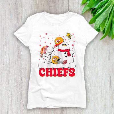 Kansas City Chiefs Merry Christmas NFL Gift For Fan Christmas Snoopy And Snow Man Lady T-Shirt Women Tee LTL20717