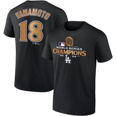 Los Angeles Dodgers #18 Yoshinobu Yamamoto Black 2024 World Series Champions Name & Number T-Shirt