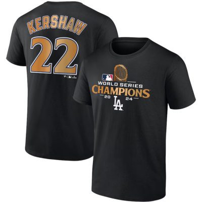 Los Angeles Dodgers #22 Clayton Kershaw Black 2024 World Series Champions Name & Number T-Shirt