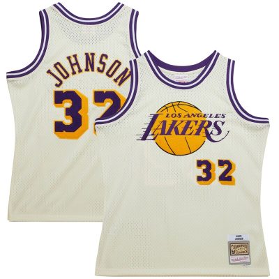 Magic Johnson Los Angeles Lakers Chainstitch Swingman Jersey - Cream