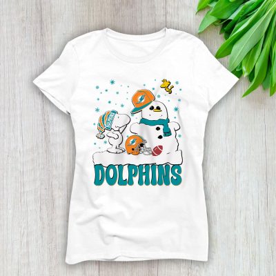 Miami Dolphins Merry Christmas NFL Gift For Fan Christmas Snoopy And Snow Man Lady T-Shirt Women Tee LTL20857