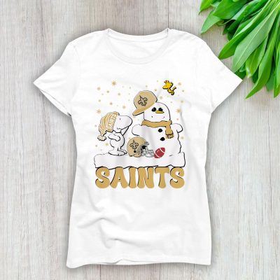 New Orleans Saints Merry Christmas NFL Gift For Fan Christmas Snoopy And Snow Man Lady T-Shirt Women Tee LTL20962