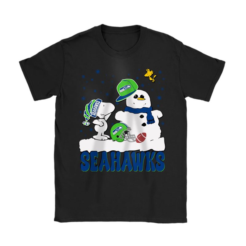 Seattle Seahawks Merry Christmas NFL Gift For Fan Christmas Snoopy And Snow Man Unisex T-Shirt Cotton Tee TAT21137