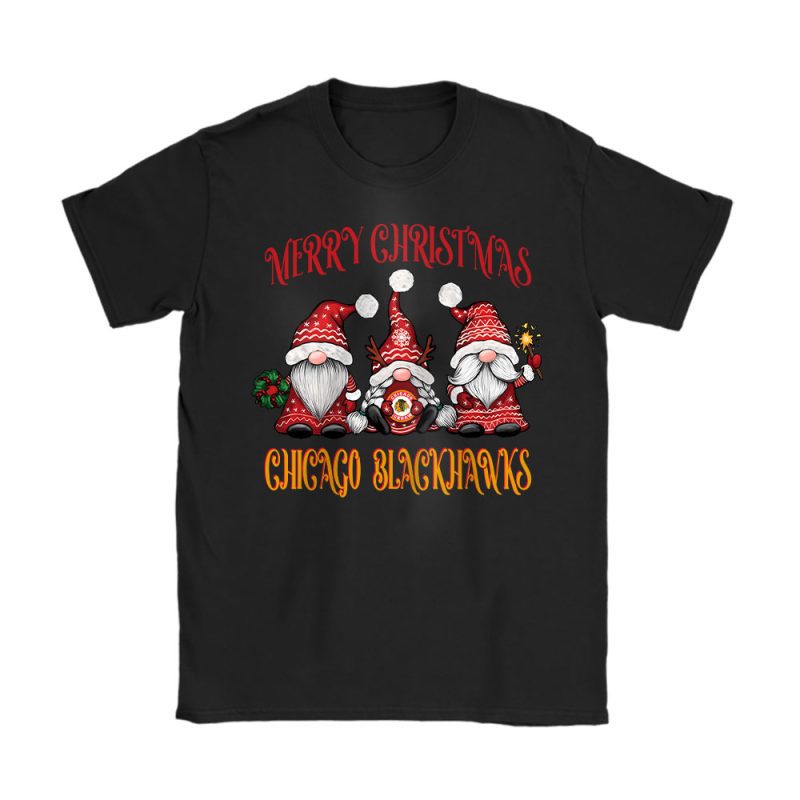 Chicago Blackhawks Merry Christmas NHL Gift For Fan Christmas Gnomes Unisex T-Shirt Cotton Tee TAT24233