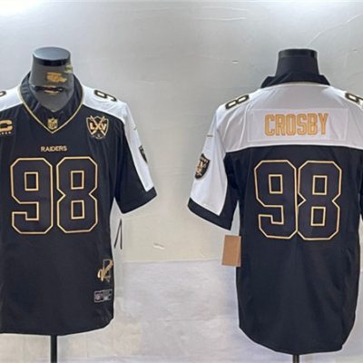 Las Vegas Raiders #98 Maxx Crosby Black Gold F.U.S.E. With Nevada Silver Stat Patch And 65th Anniversary Patch 4-Star C Patch Limited Stitched Jersey