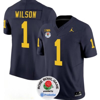 Michigan Wolverines #1 Roman Wilson 2023 F.U.S.E. Navy Blue Rose Bowl Patch Stitched Jersey