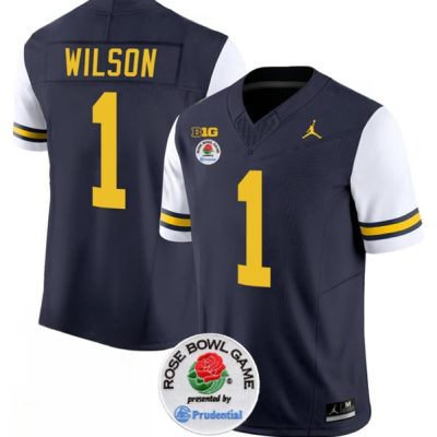 Michigan Wolverines #1 Roman Wilson 2023 F.U.S.E. Navy/White Rose Bowl Patch Stitched Jersey