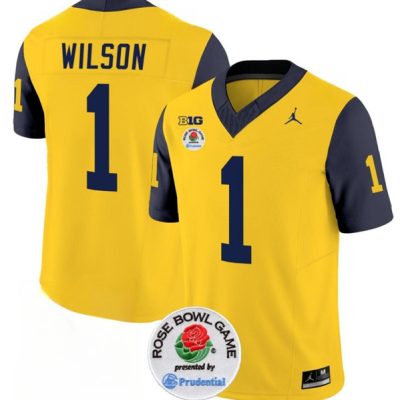 Michigan Wolverines #1 Roman Wilson 2023 F.U.S.E. Yellow/Navy Rose Bowl Patch Stitched Jersey