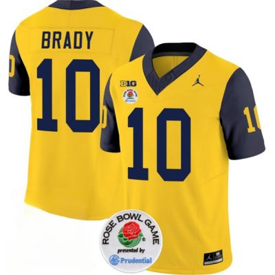 Michigan Wolverines #10 Tom Brady 2023 F.U.S.E. Yellow/Navy Rose Bowl Patch Stitched Jersey