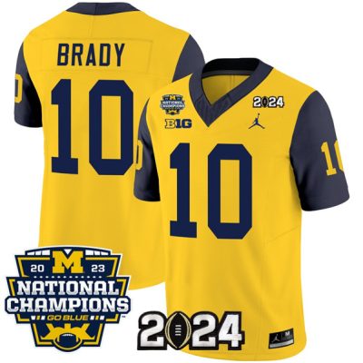 Michigan Wolverines #10 Tom Brady Yellow/Navy 2024 F.U.S.E. With 2023 National Champions Patch Stitched Jersey