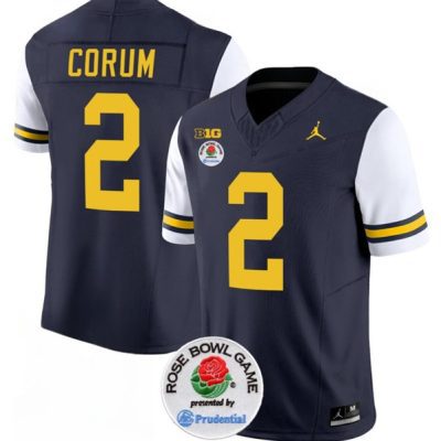 Michigan Wolverines #2 Blake Corum 2023 F.U.S.E. Navy/White Rose Bowl Patch Stitched Jersey